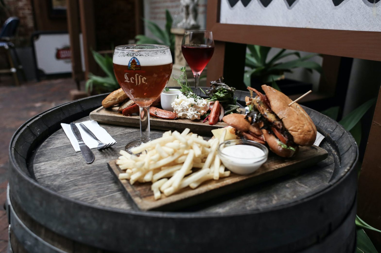 fries and burger on table